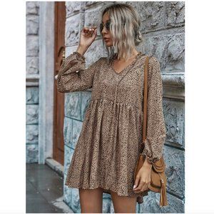 SHEIN Dalmatian Print Tie Neck Smock Dress Khaki